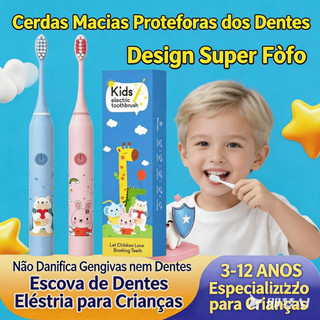 Escova Elétrica Infantil 3-12 Anos | 4 Cabeças, IPX7, 3 Meses de Bateria, Vibração Suave | Kids