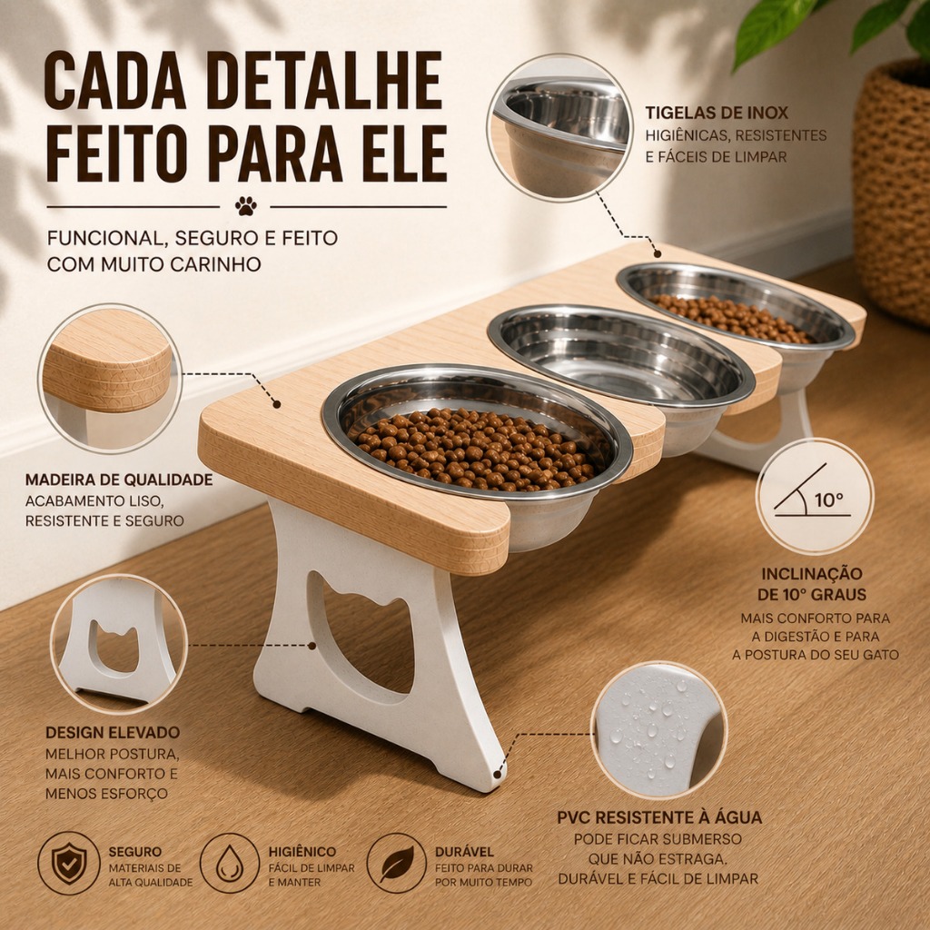 Comedouro Bebedouro Elevado Triplo Pet Gato Cachorro Pequeno MDF com 3 Tigelas Inox