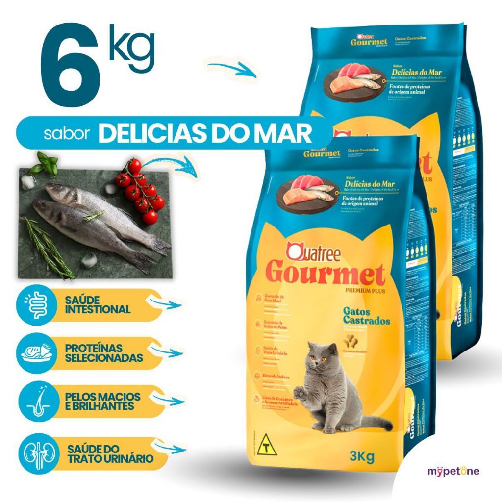 Kit 2 Ração Quatree Gourmet Gatos Castrados Delícias do Mar - 3Kg