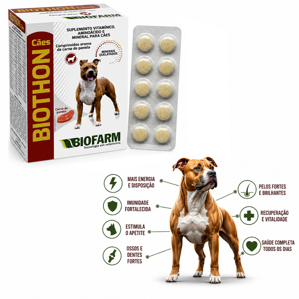 Suplemento Vitamínico Cães Biothon BioFarm Debilitados, Apetite, Queda de pelo - 10 Compr. + Bula