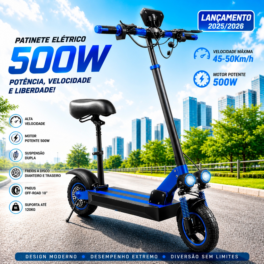 Patinete Elétrico com Banco Scooter com Assento Motorizado 500w Com Suspensão Autonomia Longa