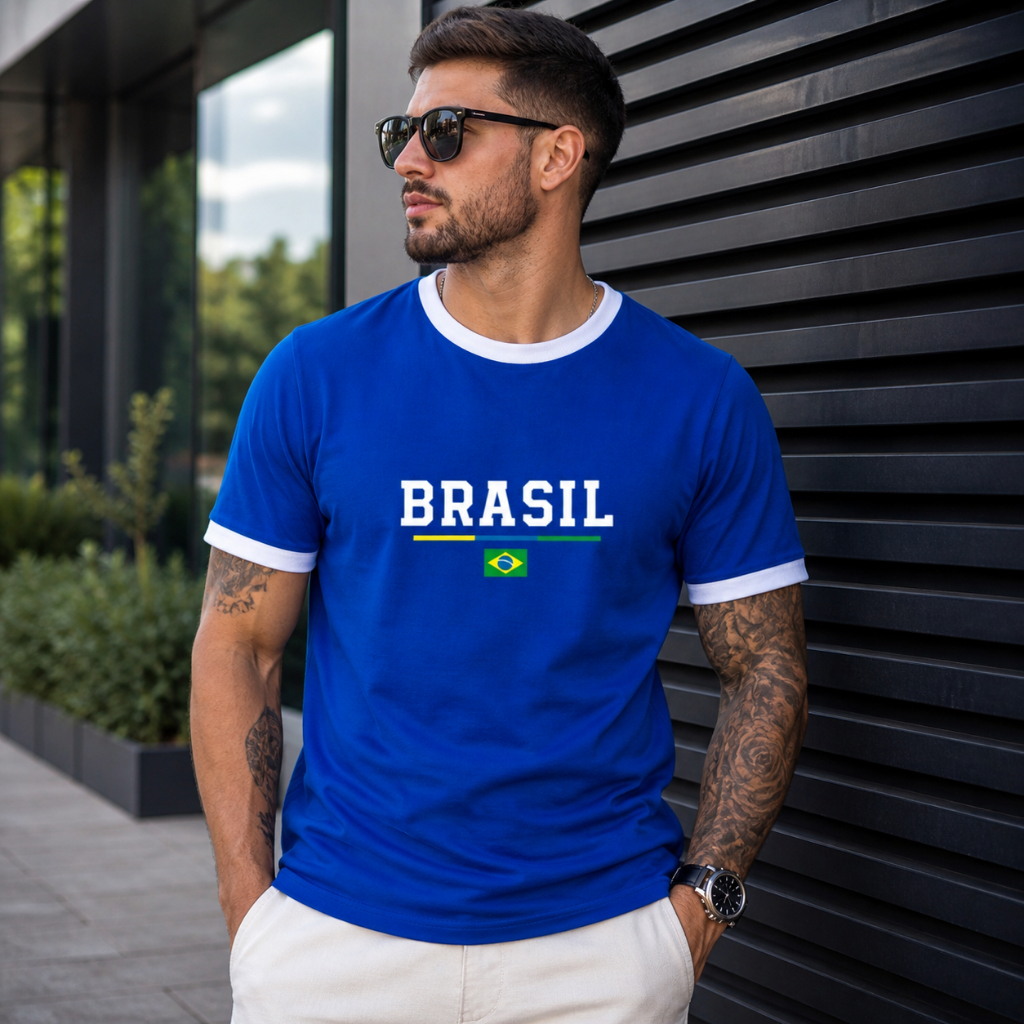 Camiseta Brasil Copa do Mundo Brasil Barra Masculina Streetwear Algodão 26.1