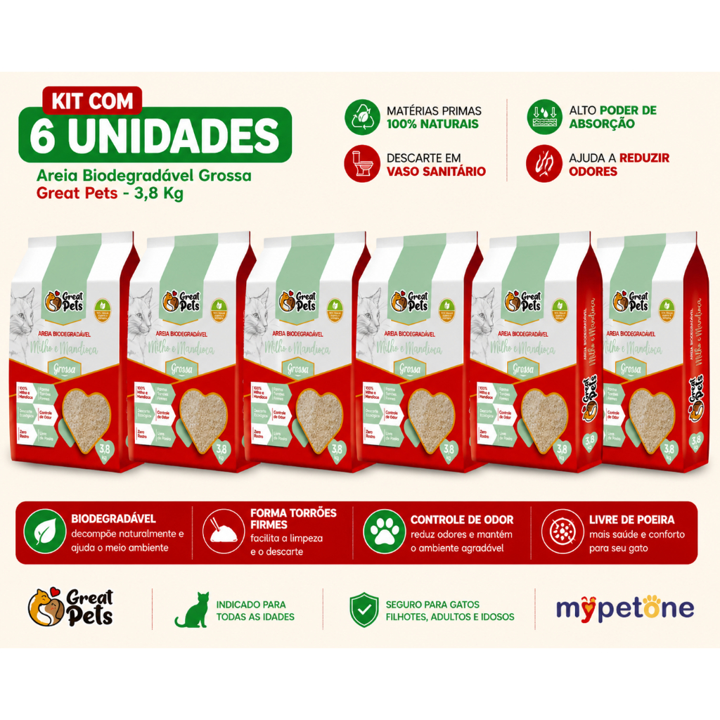 Kit 6 Areia Biodegradável Grossa Great Pets para Gatos - 3,8 Kg