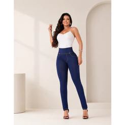 Calça Feminina Azul Jeans Cotton skiny Cós Alta Levanta Bumbum Com Elastano Modeladora.