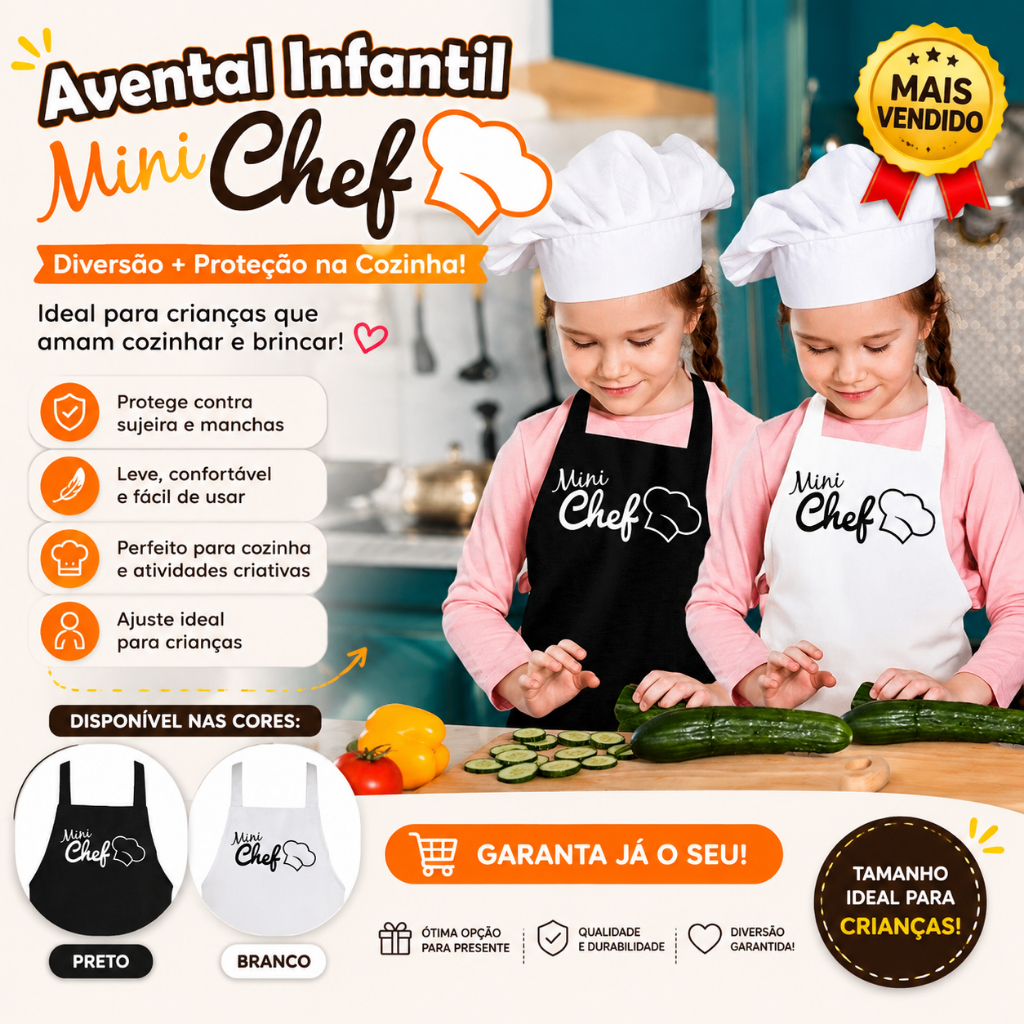 Avental Infantil Ajustável Mini Chef Branco ou Preto | Proteção na Cozinha, Conforto e Estilo para Crianças | Alça Regul