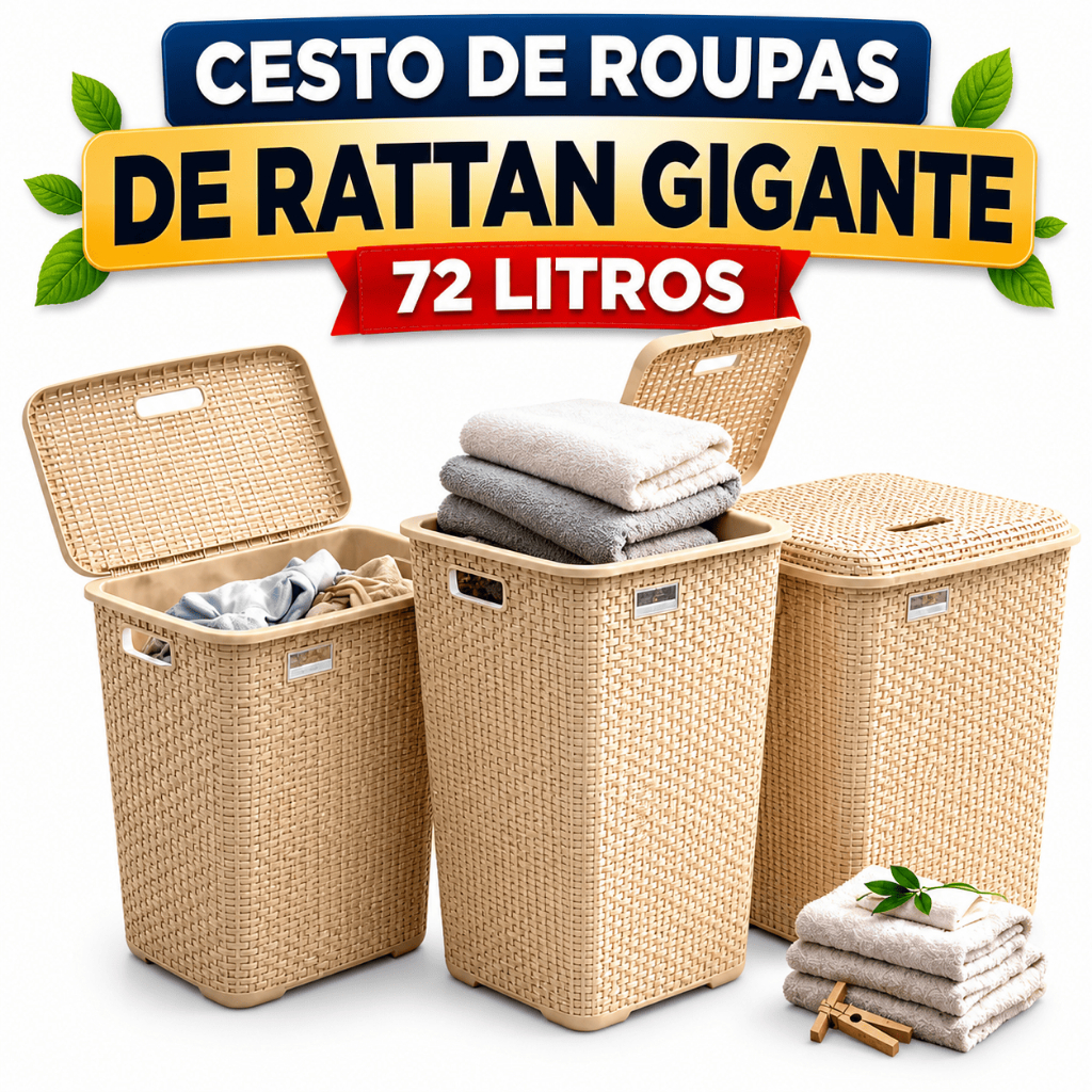 Kit 2 Cesto Roupa Suja 72L Rattan com Tampa Grande Organizador Lavanderia Banheiro Quarto Plástico Resistente