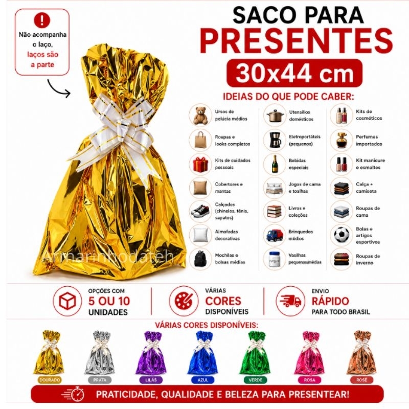 Kit Com 5 Ou 10 Unidades De Saco De Presente/Embalagem 30CM X 44CM