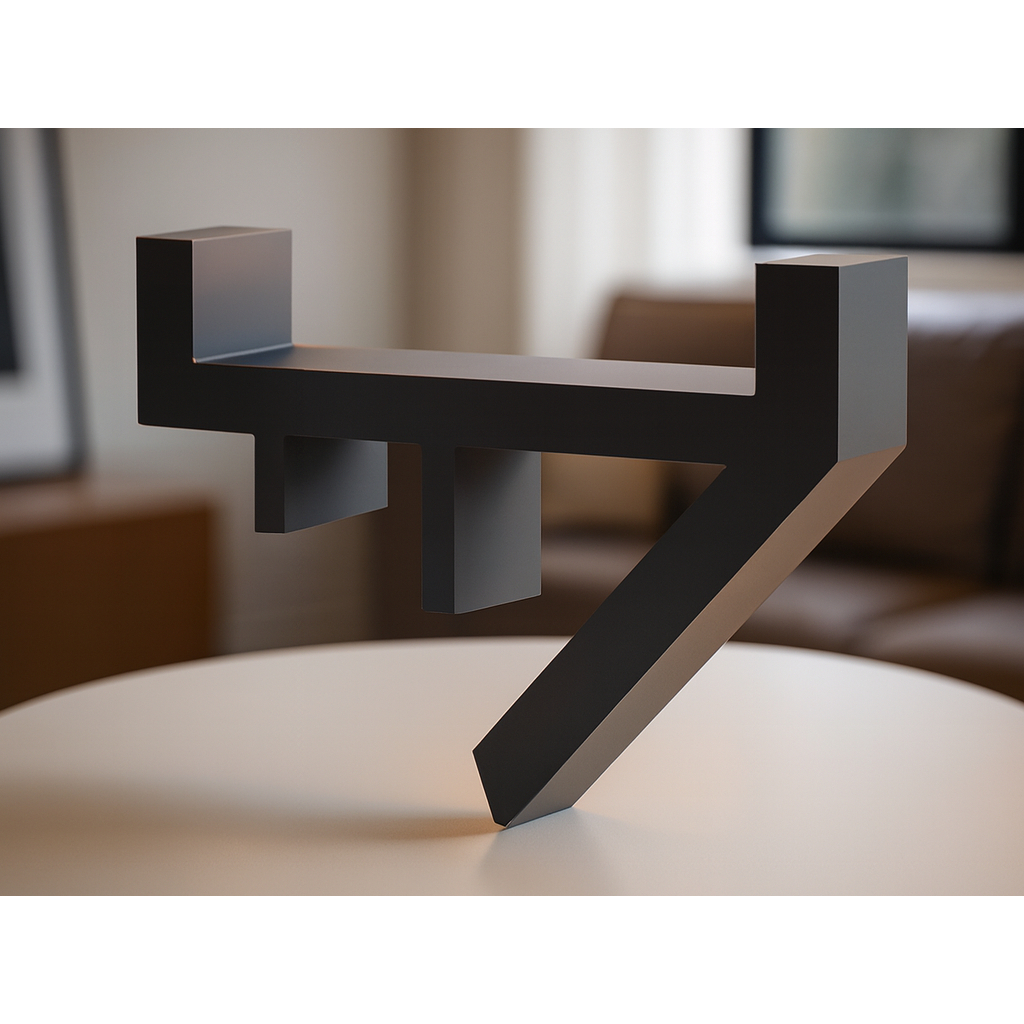 Suporte metálico preto minimalista para soundbar posicionado sobre uma mesa circular