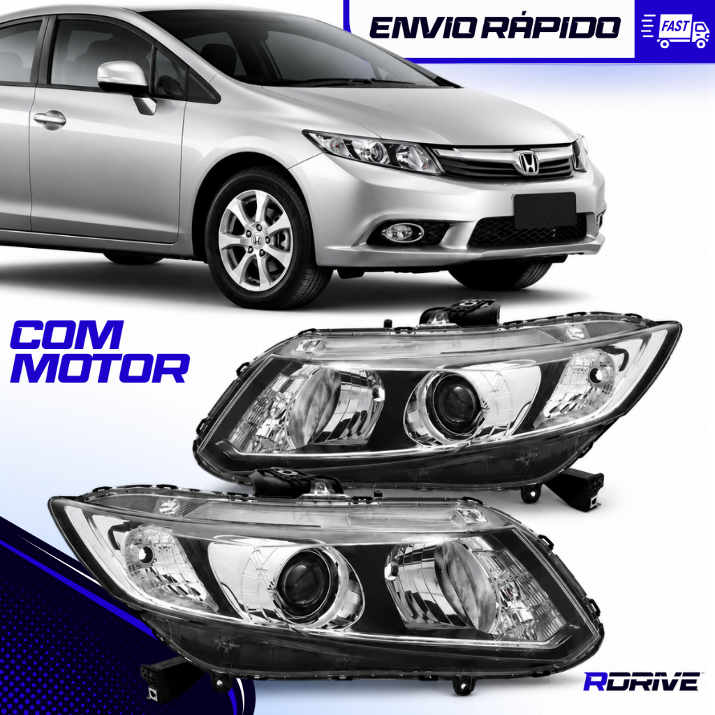 Farol Honda Civic 2012 2013 2014 2015 2016 Elétrico com Motor Direito Esquerdo ou Par Molde Original