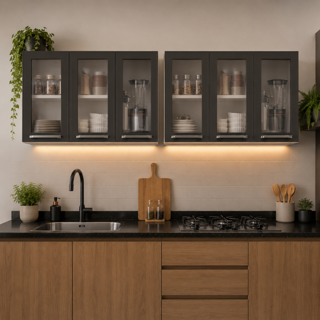 Conjunto 2 Armários de Cozinha Aéreos Itatiaia Aço 3 Portas Com Vidro Florença Grafite/Branco