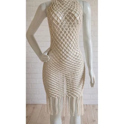 Vestido de Crochê com Franja Saída de Praia Artesanal Feminino