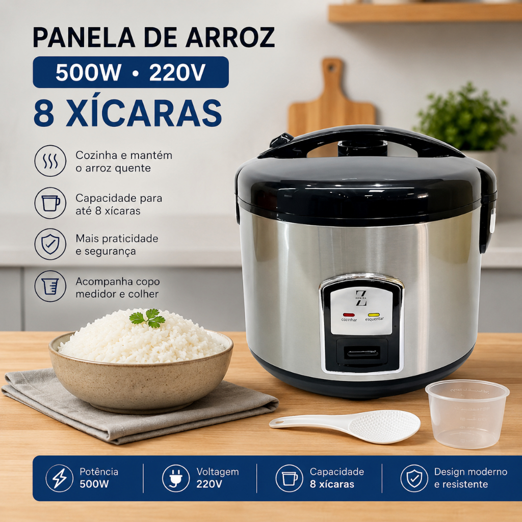 Panela Elétrica De Arroz 220v Anti Aderente Cozinha Rápido Mantém Aquecido 8 Xicaras Inox 500w 1.5L