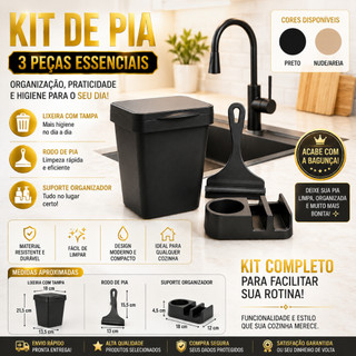 Kit Pia Cozinha 3 Peças Organizador Completo Lixeira com Tampa + Rodo + Suporte Detergente