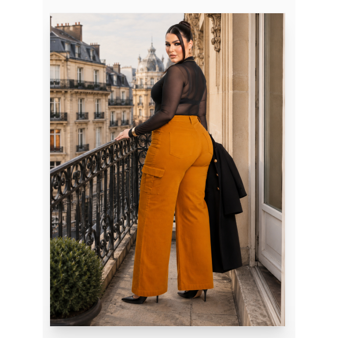 Calça Jeans Cargo Plus Feminina Wide Leg Alta Qualidade