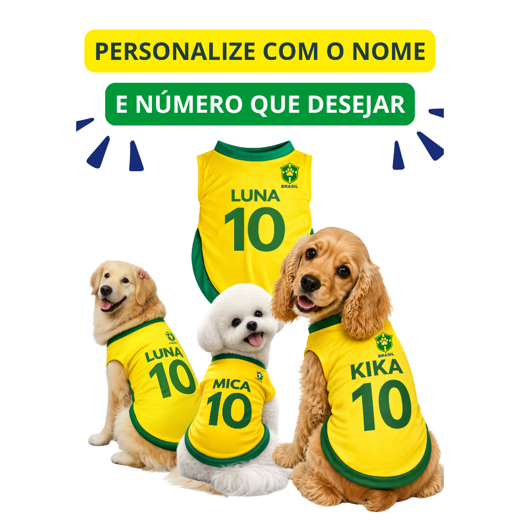 Camisa do Brasil Pet Personalizada, Roupinha Copa do Mundo Cachorros e Gatos, Personalize com Nome e Número