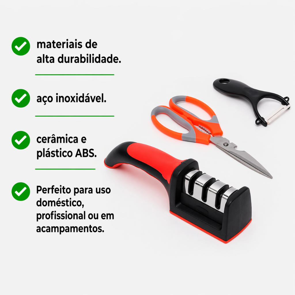 Kit Cozinha Afiador de Facas Tesoura e Descascador 3 peças