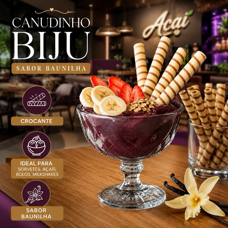Canudinho Canudo Biju Wafer Sorvete Cascão Açaí Bolo Biscoito Palito Sabor Baunilha Marvi 100 unidades