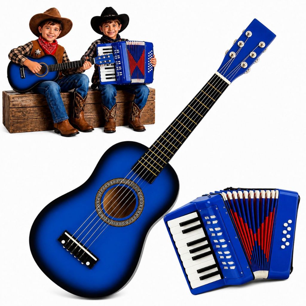 Kit Sanfona e Violão Infantil Semi Profissional Educativo Brinquedo Musical Menino