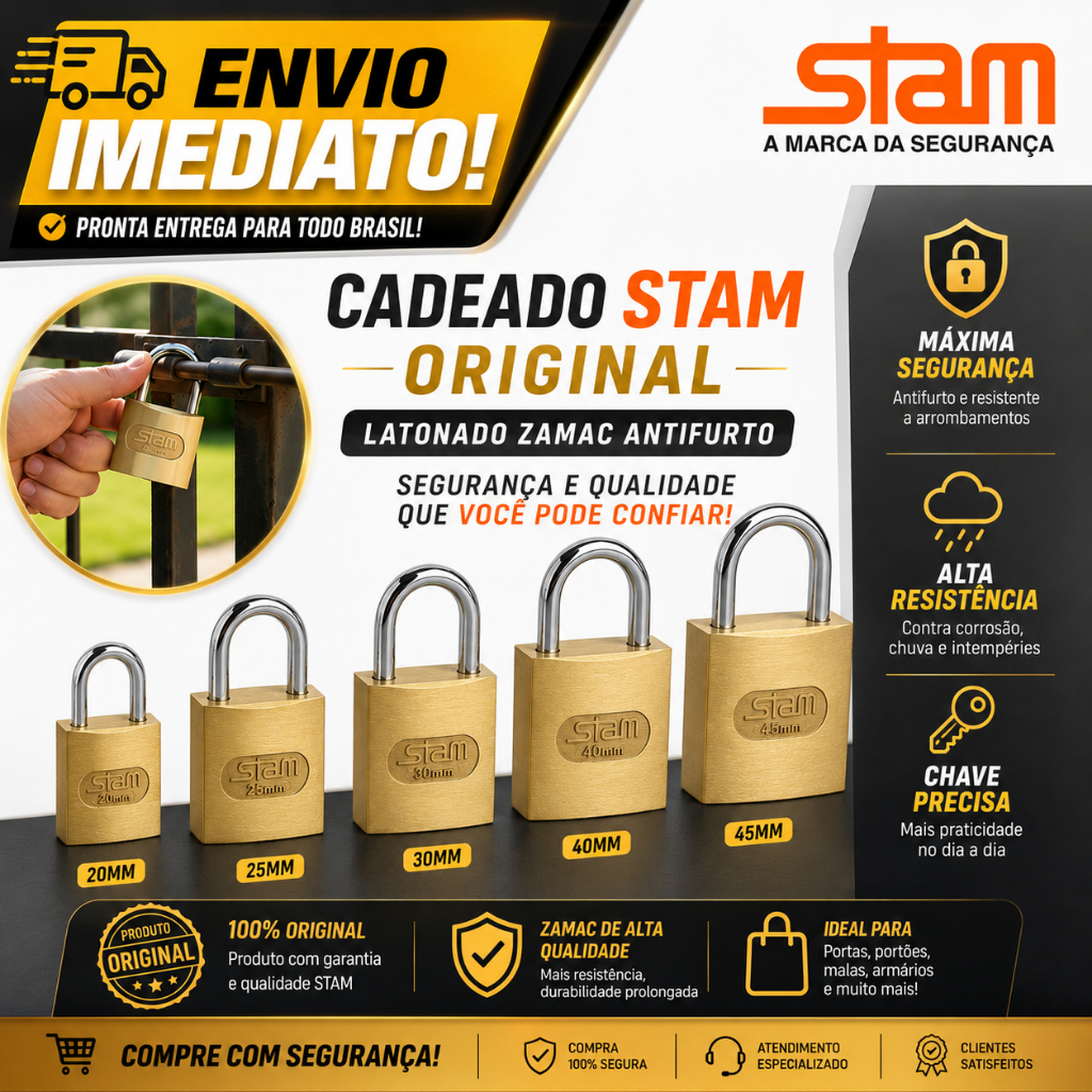 Cadeado Stam Original Latonado Zamac Antifurto Vários Tamanhos Portão Mala
