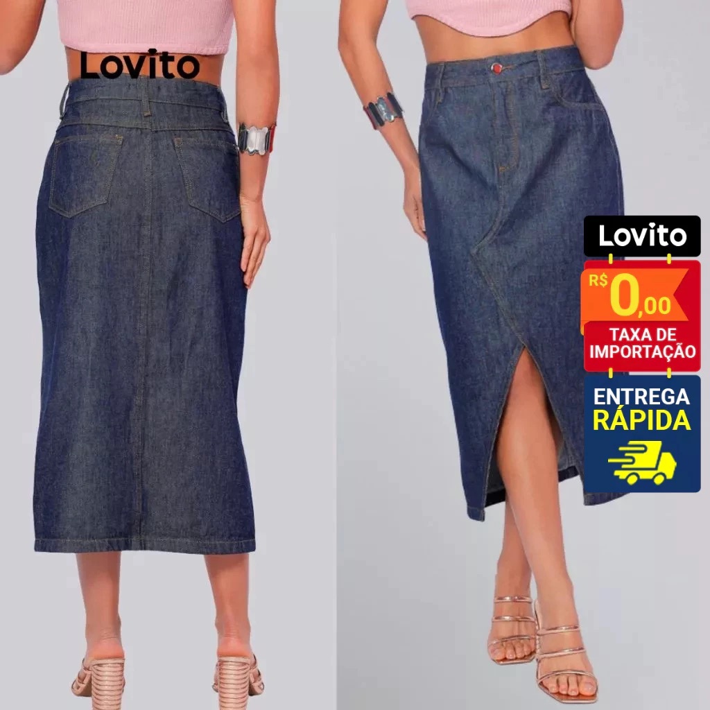 Lovito Saia Jeans Midi Fenda Moda Modesta Lisa Casual Feminina BRSKB724BRL754