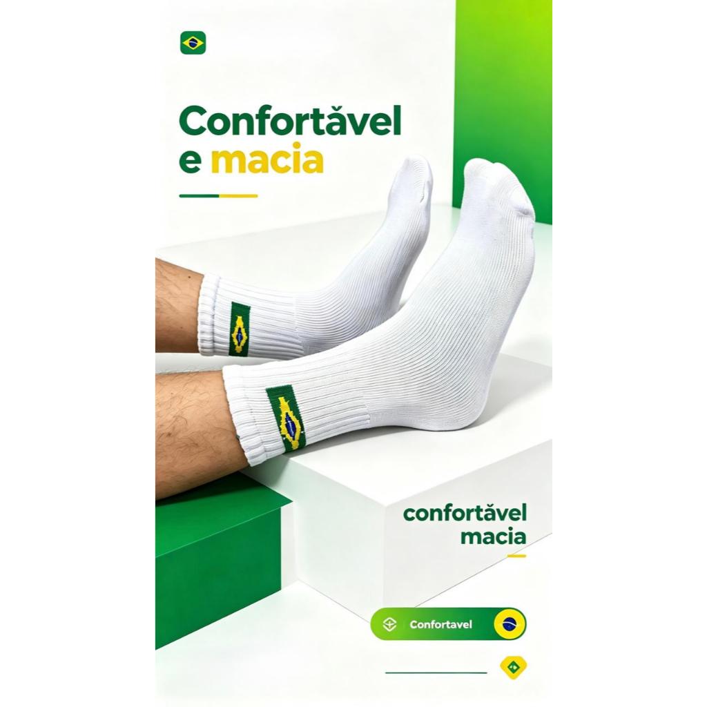 Par de Meias com Bandeira do Brasil 37 a 43 Futebol Copa cor Branca Toque Macio e Confortável Casual Esporte Futebol