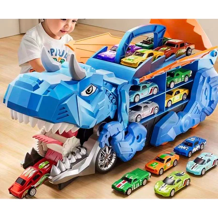 Brinquedo Caminhão Dinossauro Engolidor 2026 Porta-Carrinhos com 4 Carrinhos de Metal – Kit Infantil🦖🚚