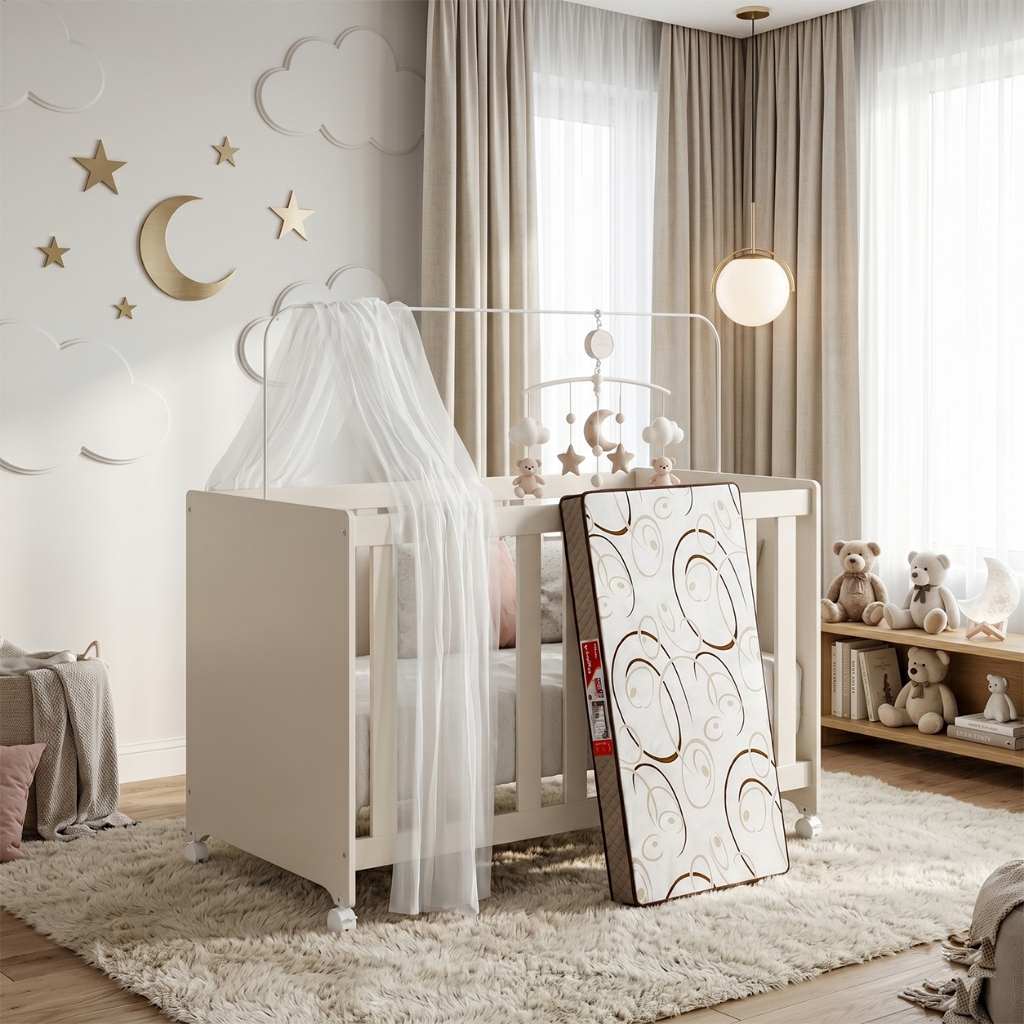 Berço Mini Cama com Colchão 100% MDF Rodizio Berço Bebê Seguro Com Suporte para Mosquiteiro