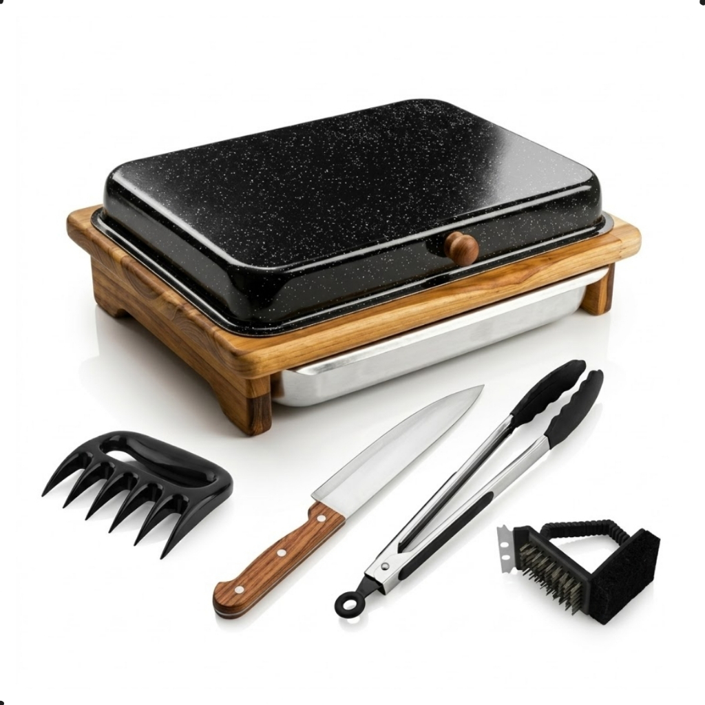 Kit Tábua de Carne para Churrasco com Gaveta Faca Garra e Escova Madeira Teca Premium