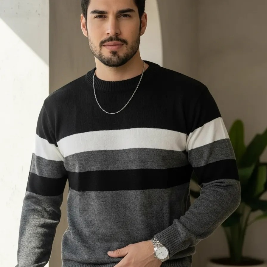 Suéter Masculino Tricot  Blusa Manga Longa Listrado Inverno Quentinho Tendência Moderno