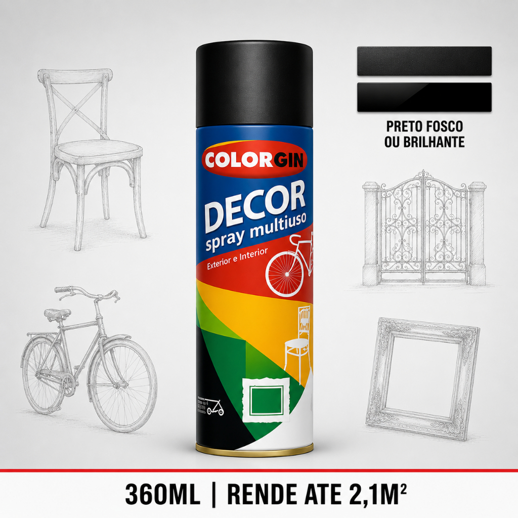 Tinta Spray Preto Colorgin Decor Multiuso 360ml Interno Externo Metal Madeira Gesso — imagem 2 de 2
