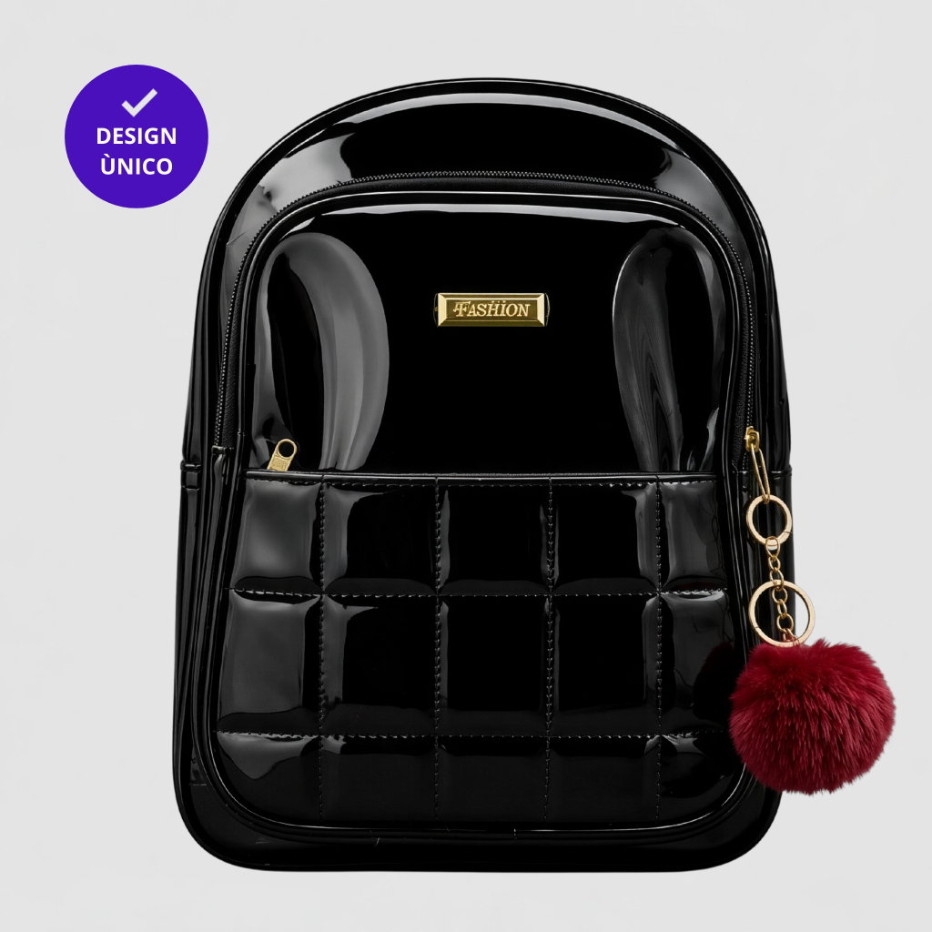 Mochila Verniz Feminina Média Estilo Bolsa Com Alça Ajustável + Chaveiro Pompom