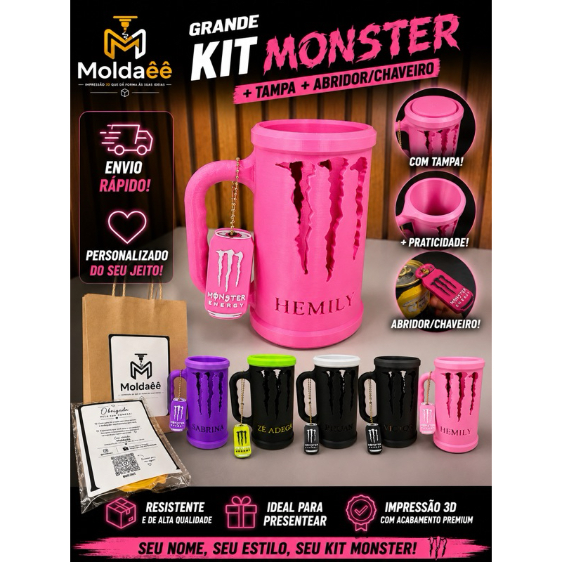 Kit 3 em 1 Suporte Monster 473ml Personalizado | Porta Lata Com Nome + Tampa + Abridor/chaveiro +Brinde