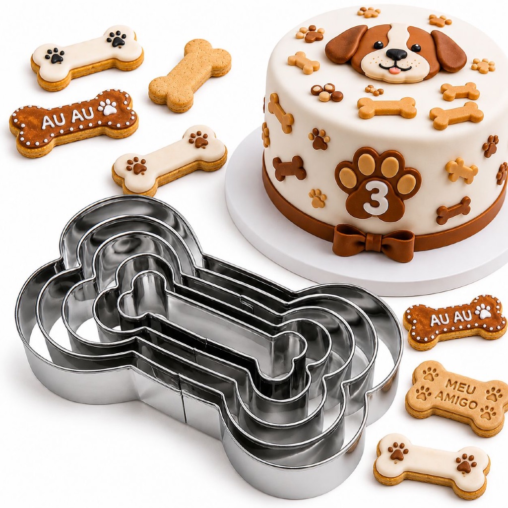 Cortador em Inox Biscoito Formato Osso Cachorro Pasta Americana Doce Festa Decoração Gourmet 5 Peças