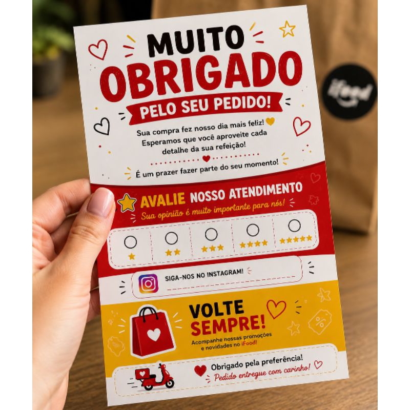 Folhetos de Agradecimento iFood Personalizado | Avaliação Delivery | 100 Folhas