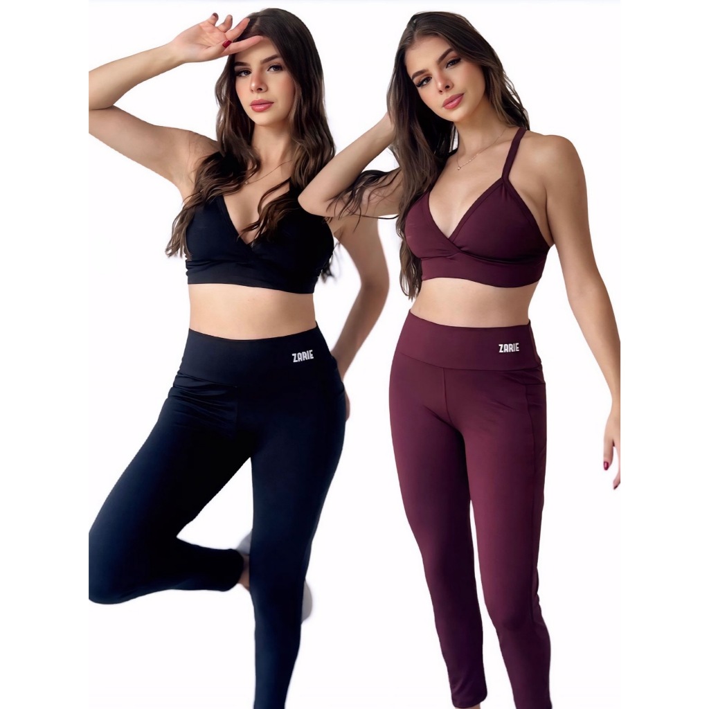 Conjunto Fitness Feminino Top Alça e Calça Legging Zero Transparência Liso Básico Academia Crossfit