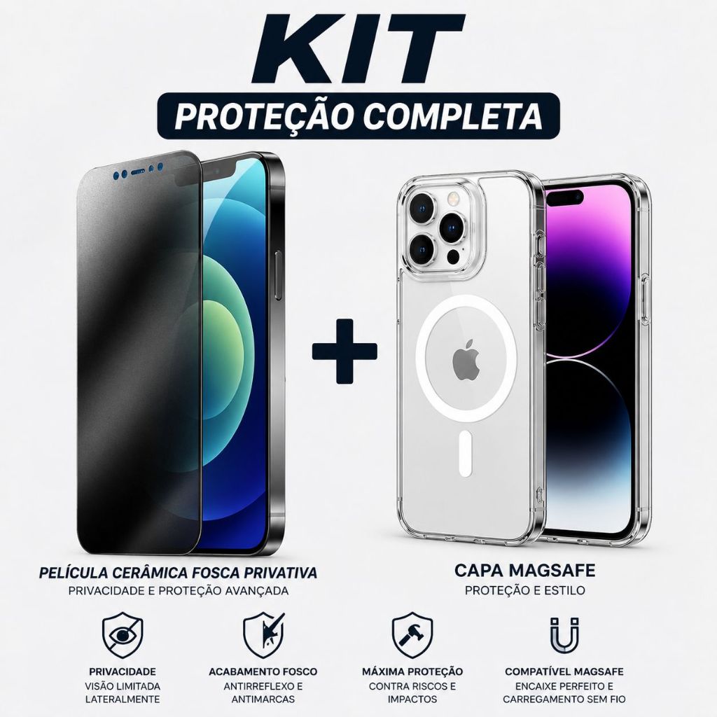 KIT  Capa Capinha Case Magsafe + Película Cerâmica  Fosca Privacidade Para Celular iphone 11 12 13 14 15 16 17 Pro Max