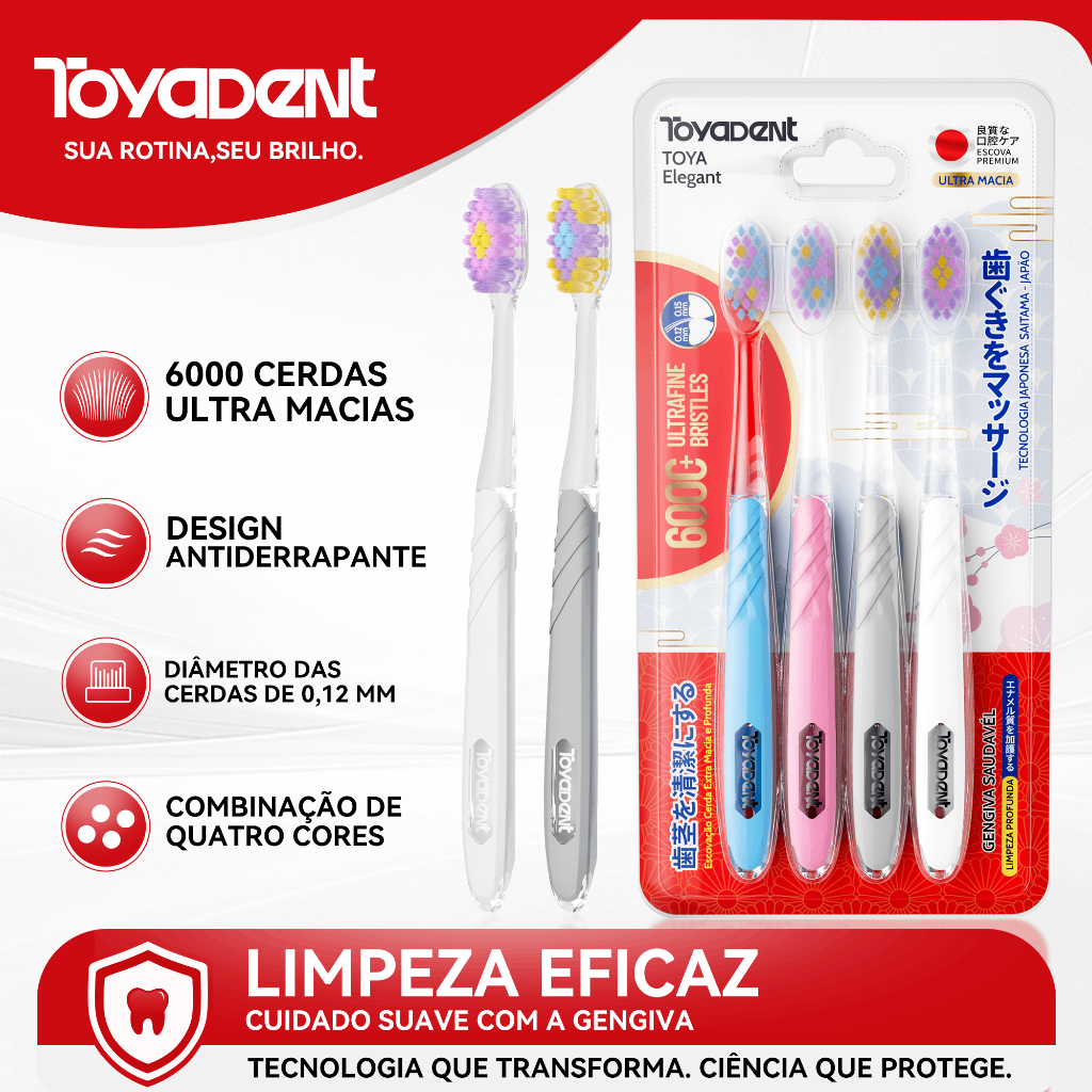 TOYADENT Escova Cerdas Ultrafinas 0,12mm – 6000 Cerdas Macias, 4 Cores Família