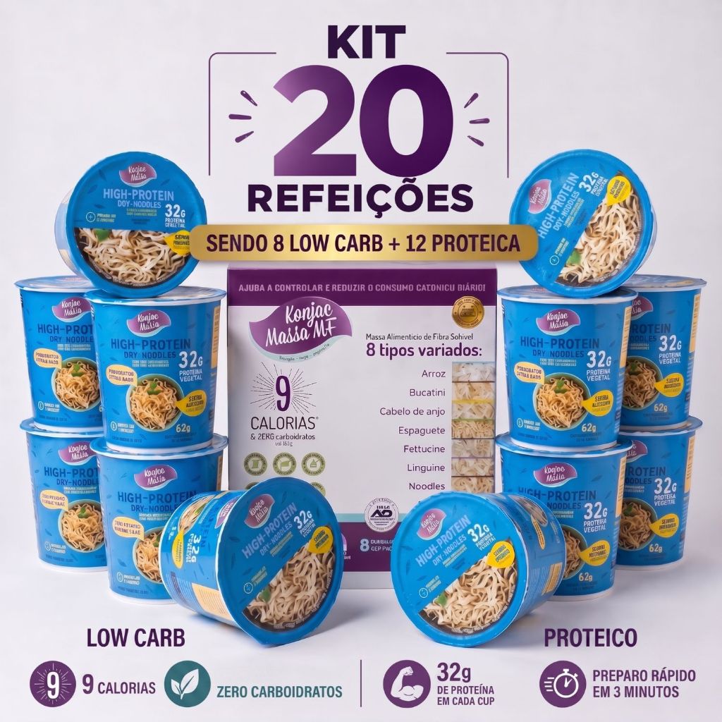 Kit Macarrão Konjac Massa 20 Refeições 8 Low Carb + 12 Proteica Preparo Rápido Dieta Emagrecimento