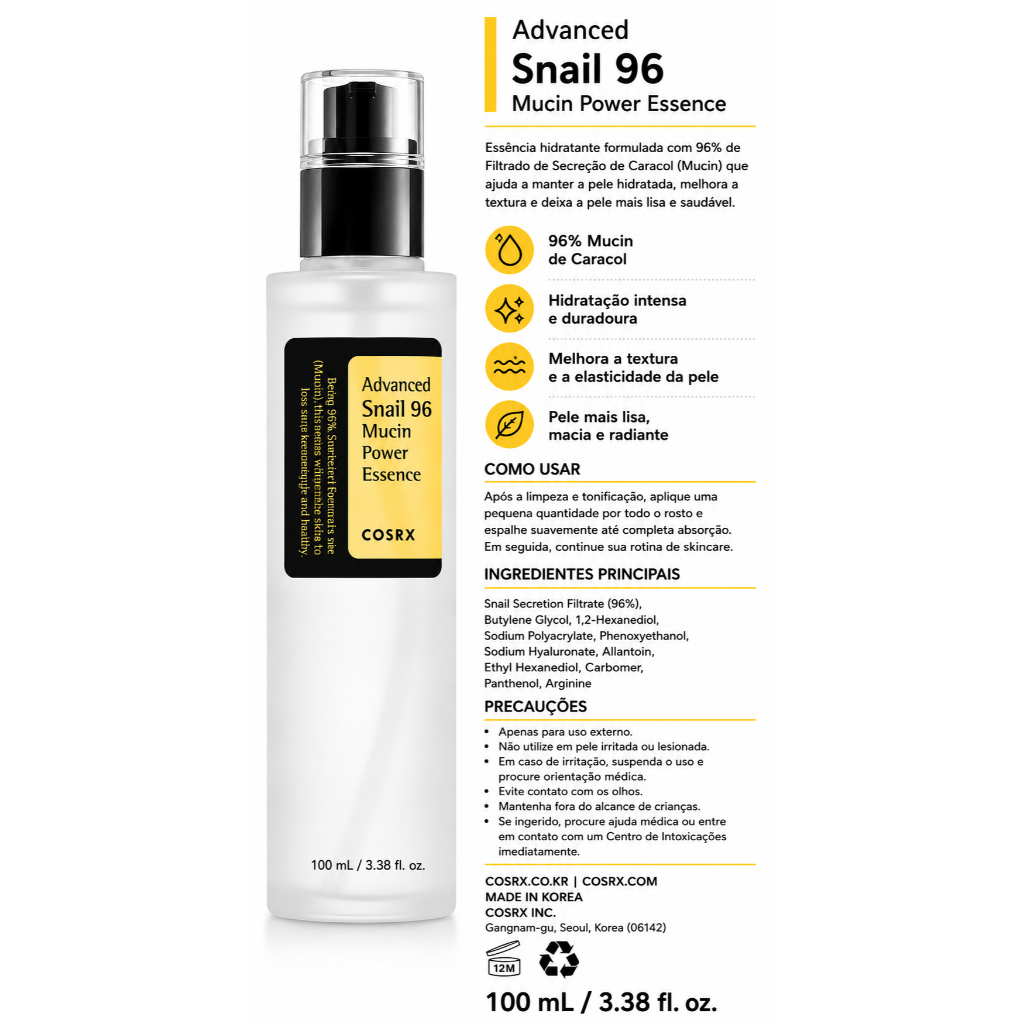 COSRX Advanced Snail 96 Mucin Power Essence 100ml – Essência Facial Hidratante com Mucin de Caracol