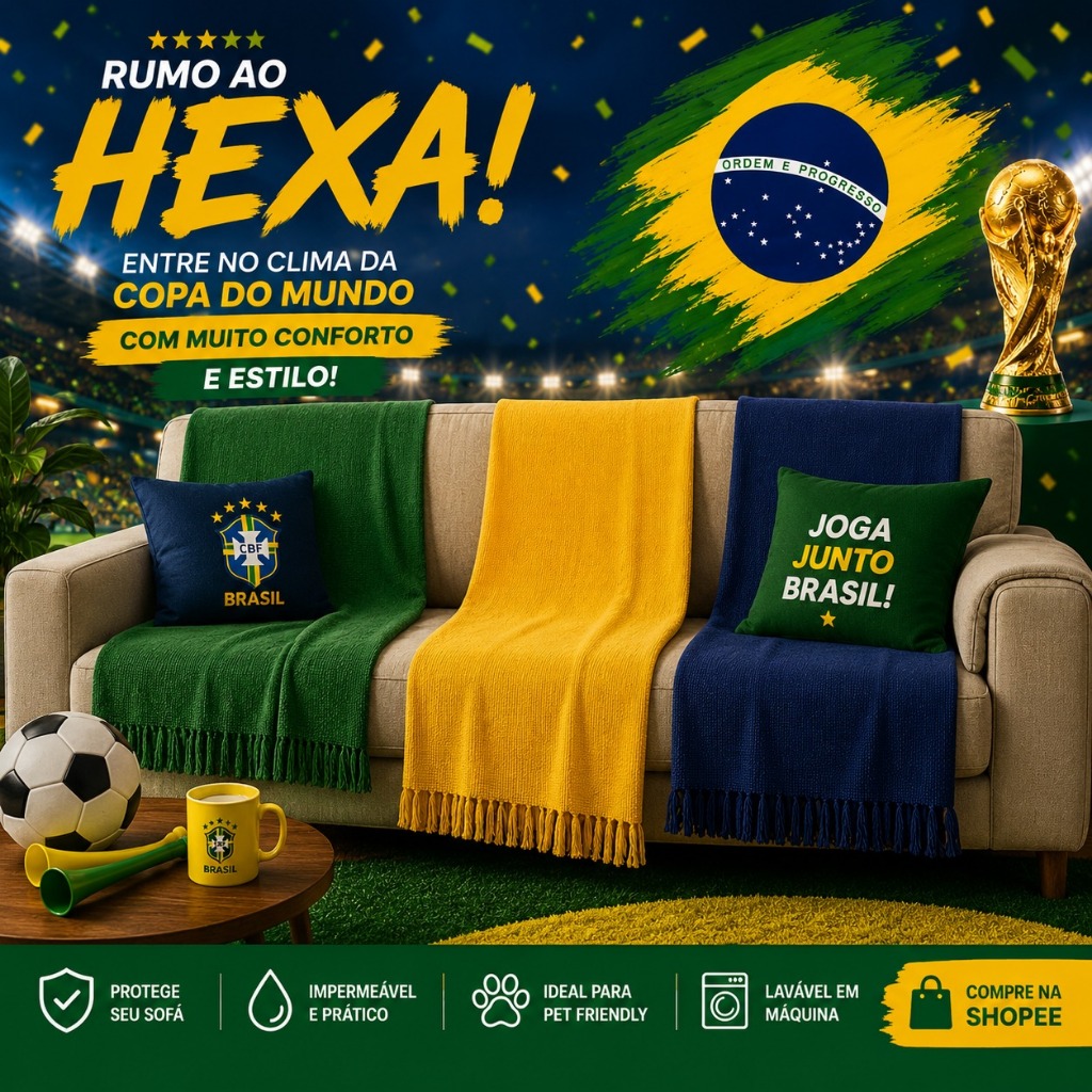 Manta para Sofá 3,00x1,80 Grande Extra Cores Bandeira Brasil Verde Amarelo Azul Decorativa Copa do Mundo