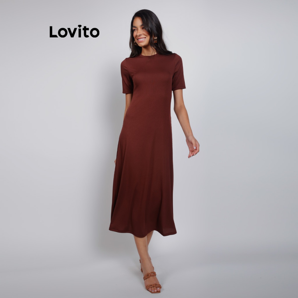Lovito Vestido Longo Casual de Malha Manga Curta Moda Feminina BRDRB909BRL939