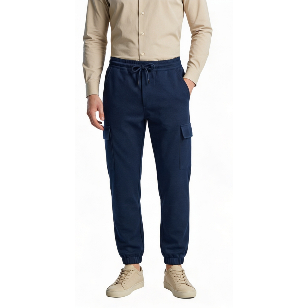 Calça Slim Masculina Jogger Sarja Cargo Cós Elástico Punho Confortável Bolso Lateral