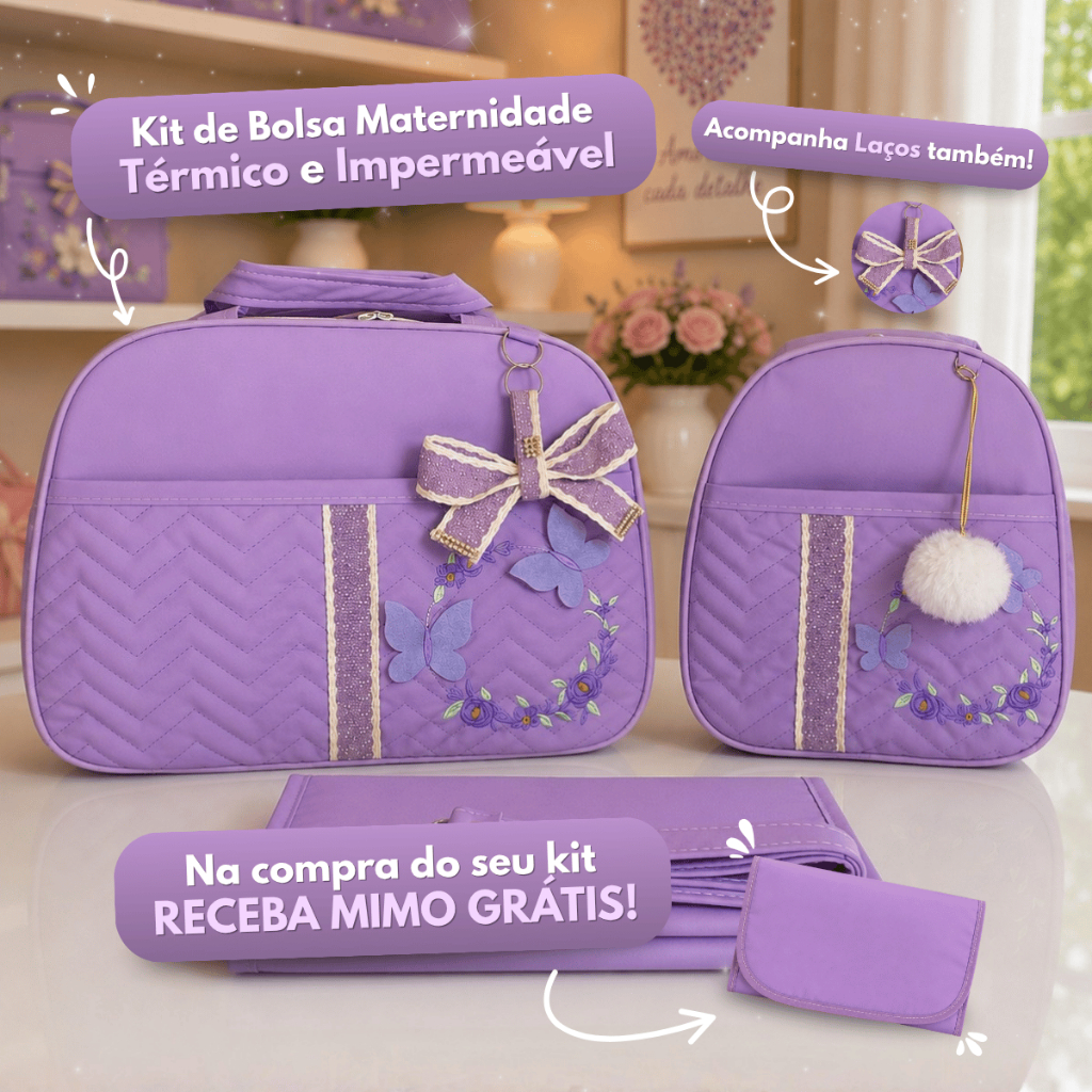 Kit Bolsa Maternidade completo com 2 peças Multiuso Luxo com Borboletas 3D para meninas
