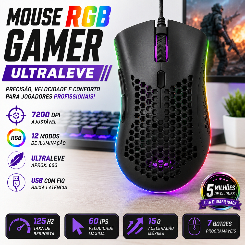 Mouse Gamer RGB Colmeia Ultraleve 7200 DPI Sensor Óptico Rápido USB Ergonômico LED Para PC Notebook Gamer