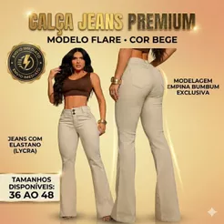 Calça Flare Bege Feminina Jeans Premium Com Lycra Elastano Cintura Alta Empina Bumbum Modelo Exclusivo Envio Imediato