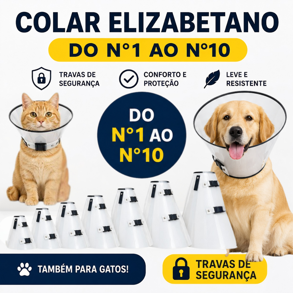 Colar elizabetano cone cães e gatos  cirúrgico do 1 ao 10 conjunto completo com travas de segurança