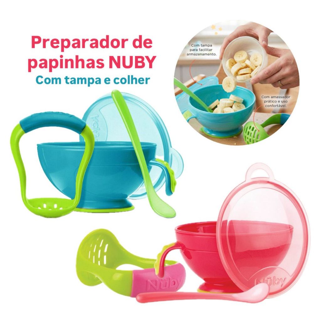 PREPARADOR/AMASSADOR DE PAPINHAS DE BEBÊ COM TAMPA E COLHER NÛBY -