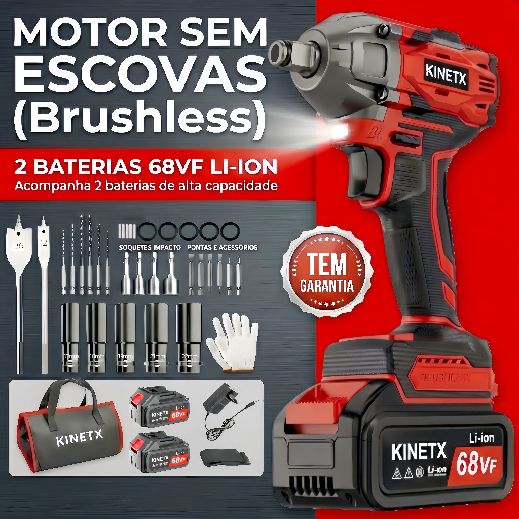 Chave de Impacto Elétrica 780NM Brushless 2 em 1 Parafusadeira Sem Fio + 2 Baterias + Kit Completo KINETX