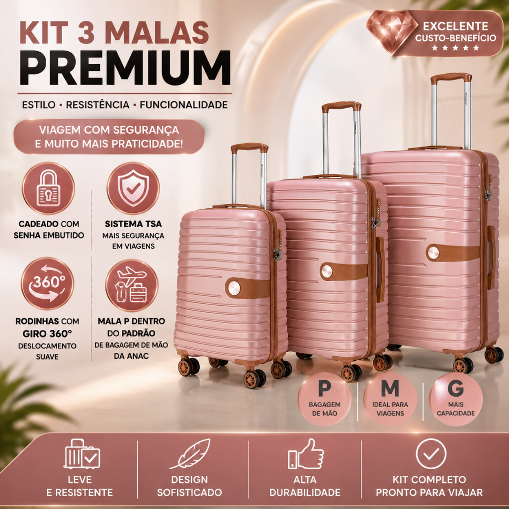 Imagem Kit 3 Malas de Viagem P M G Bordo Primicia ANAC com Cadeado TSA Rodinhas 360° ABS Resistente Rígida