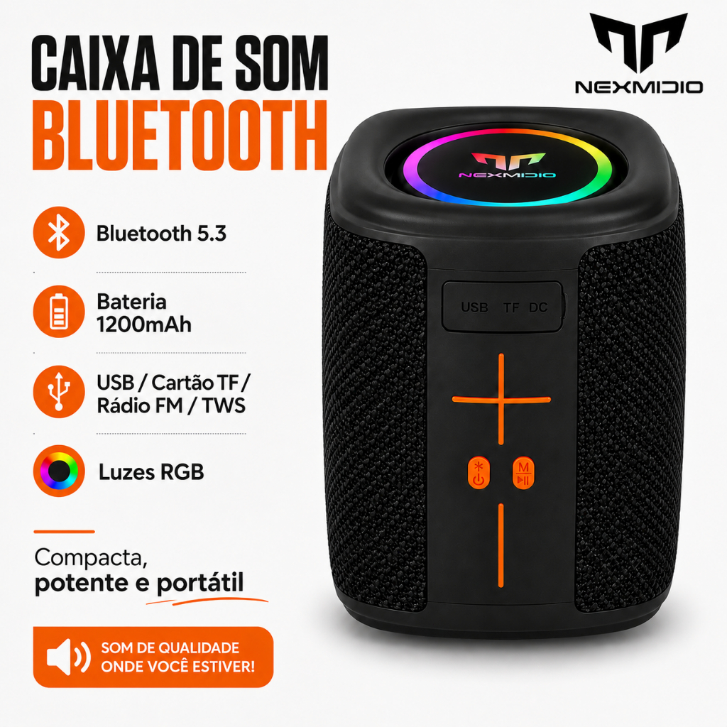 Caixa de Som Bluetooth 5.3 Portátil com Luz RGB Som Potente MD-B06 Bateria 1200mha